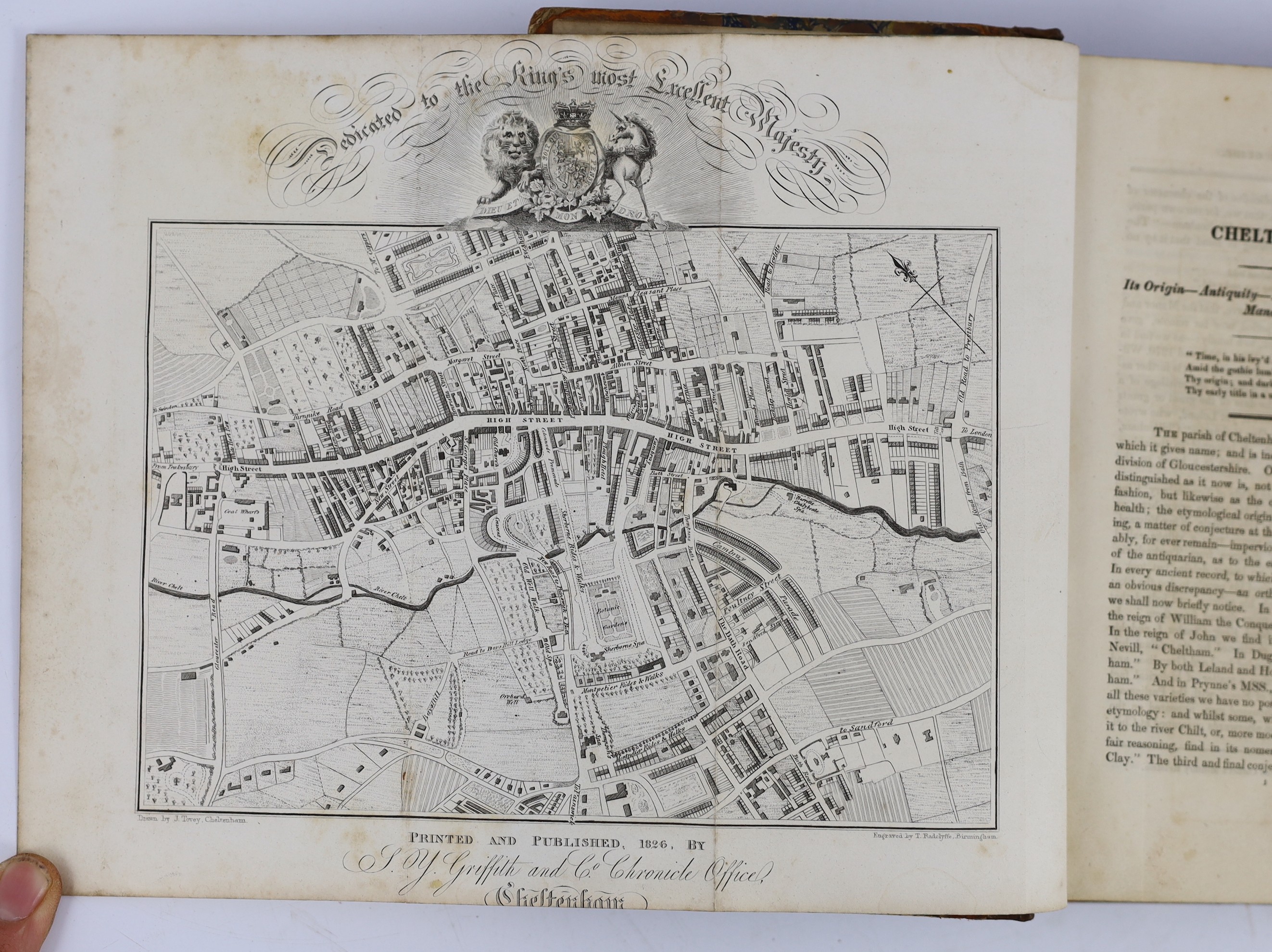 GLOUCS: (Rudder, Samuel) The History of the Ancient Town of Cirencester ... title within decorated border, 3 plans (2 pictorial and folded) and 6 plates (3 folded, 1 hand coloured); 20th cent. red half morocco and cloth